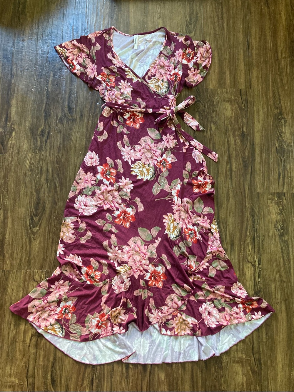 Women’s Short Sleeve Burgundy & Sage Green Floral Wrap Dress Size Large
